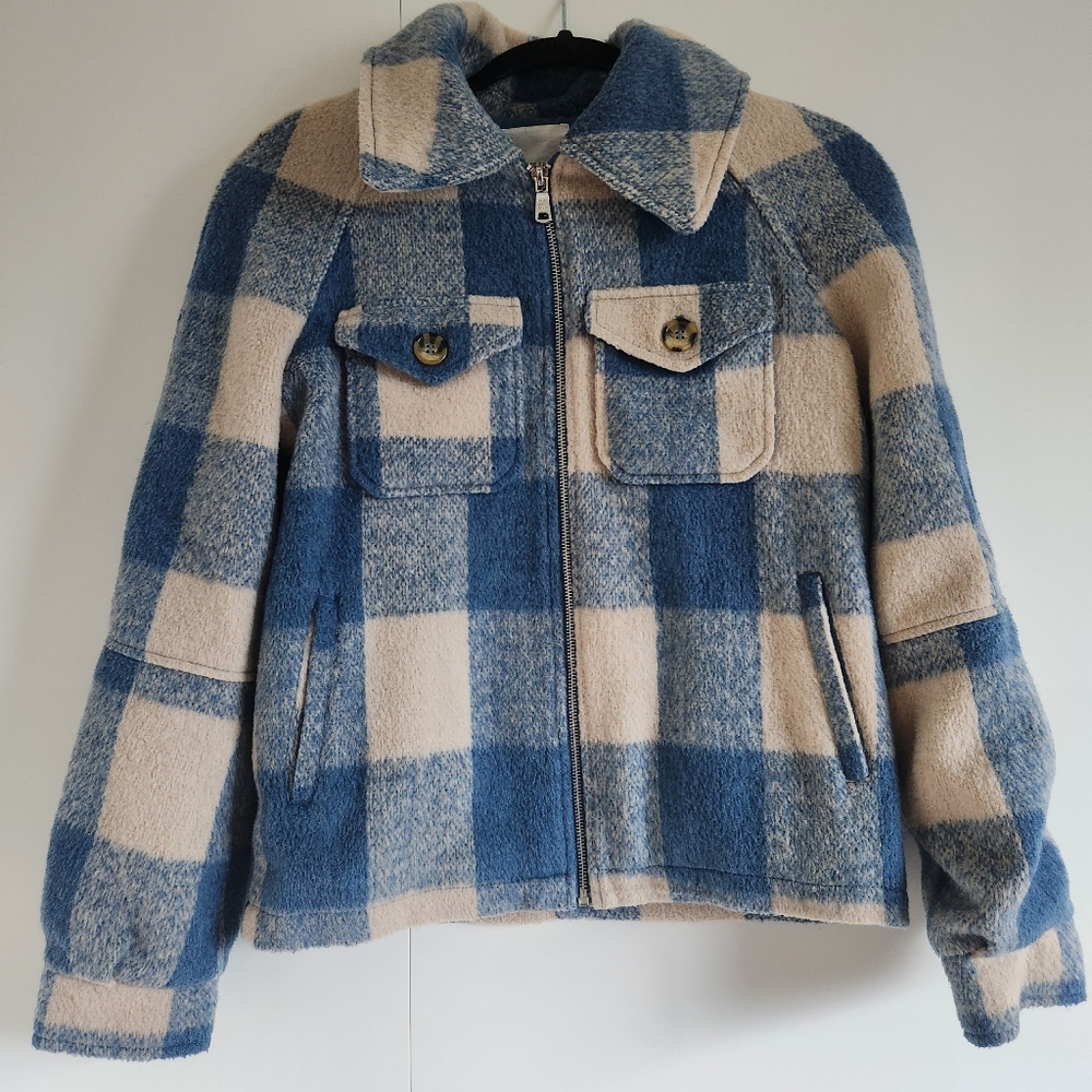 Avec Les Filles Blue Cream Zippered Shacket Jacket XS